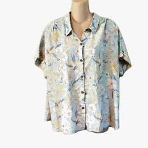 Faherty Breeze Sky Coast Floral Blue Hawaiian Shirt L Organic Cotton Linen Surf